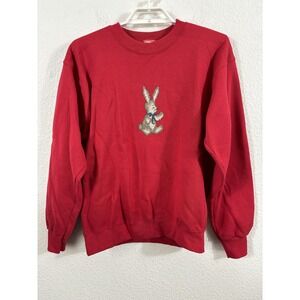 VINTAGE Pro Spirit Sweatshirt Large Red Bunny Cross Stitch Made USA 90s *Spots